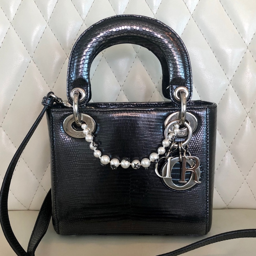Christian Dior Lady Mini Metalli Black Lizard Skin